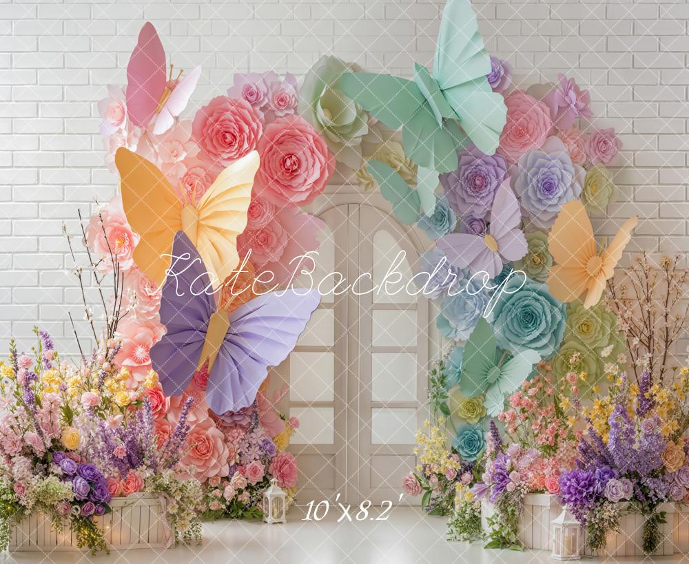 Kate Spring Butterfly Flower Arch Pastel Brick Wall Printed Backdrop Designed by Emetselch