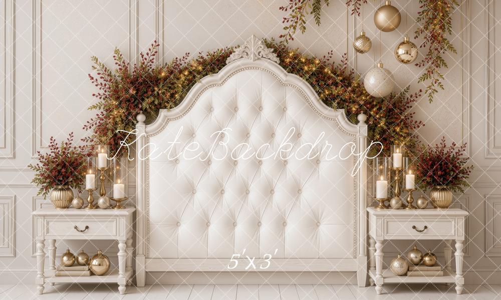 Kate Christmas White Tufted Headboard Garland Nightstands Printed Backdrop Designed by Ashley Ward