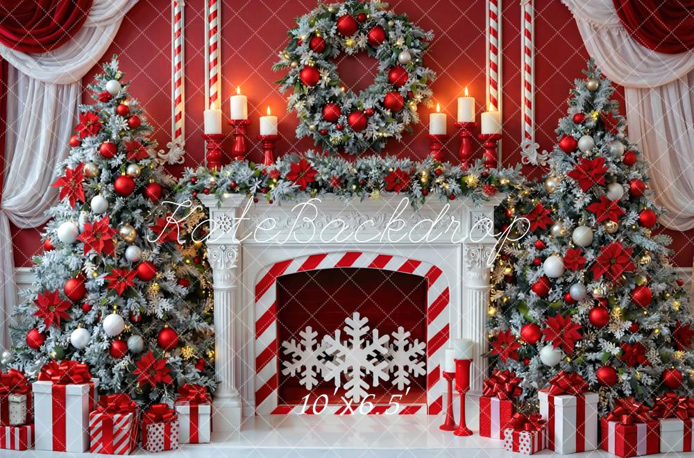 Kate Christmas Red Fireplace Snowflake Tree Wreath Gifts Curtains Printed Backdrop Designed by Mini MakeBelieve