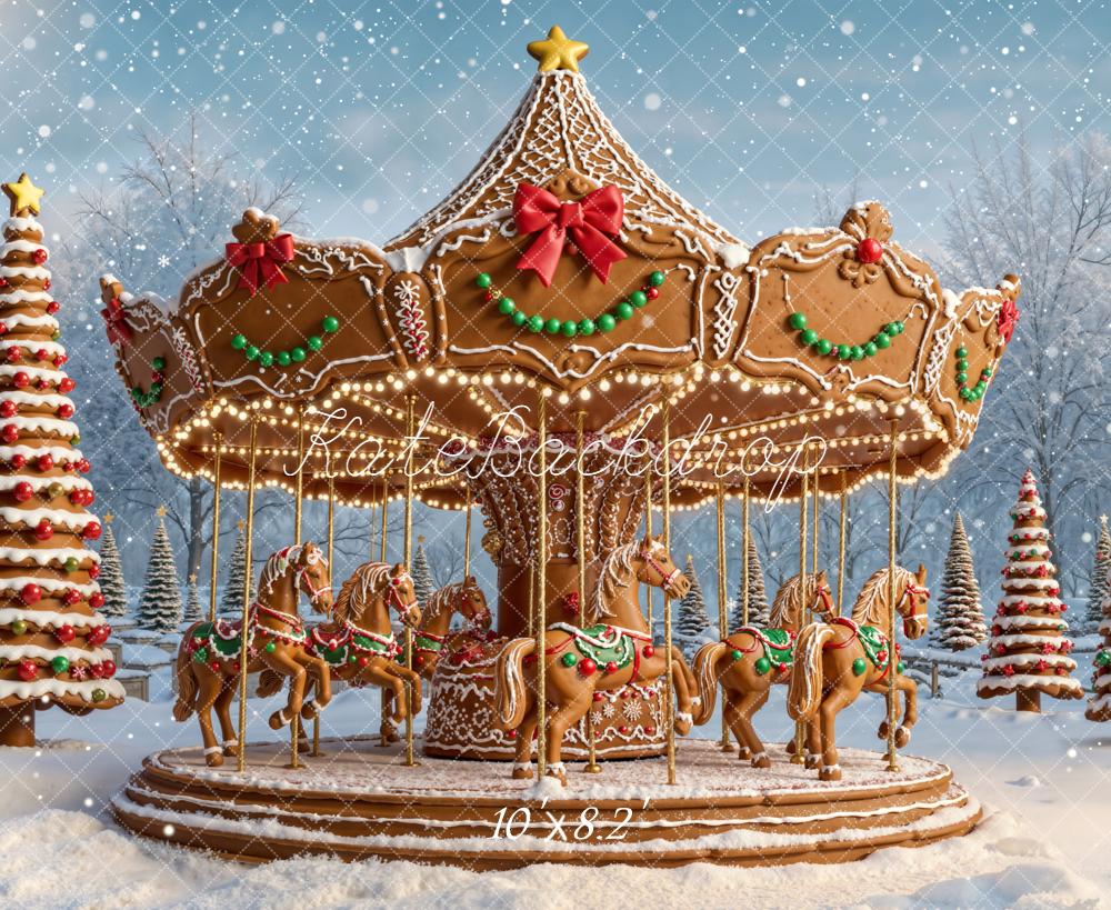 Kate Christmas Carousel Gingerbread Horses Snowy Trees Backdrop Designed by Emetselch