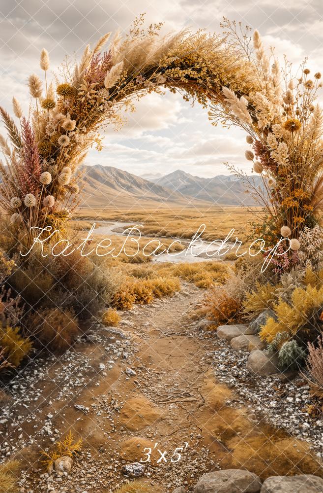 Kate Boho Outdoor Flower Arch Rustic Pathway Mountains Printed Backdrop Designed by Emetselch