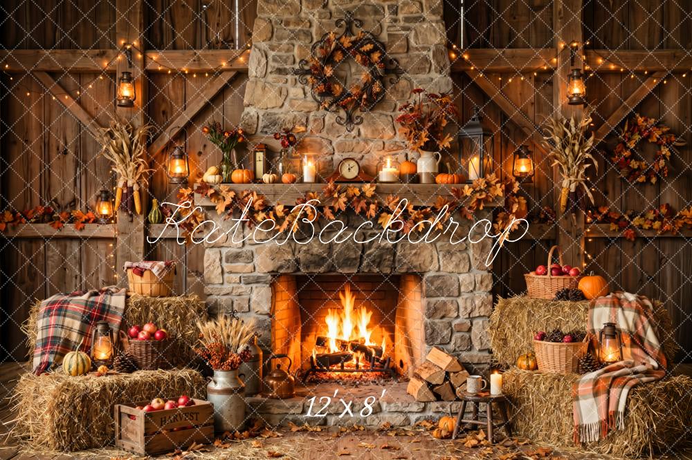 Kate Fall Rustic Stone Fireplace Harvest Wreath Printed Backdrop Designed by Patty Roberts