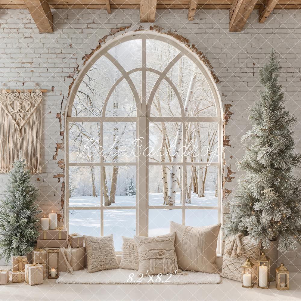 Kate Christmas Rustic Arched Window Snowy Trees Backdrop Designed by Emetselch