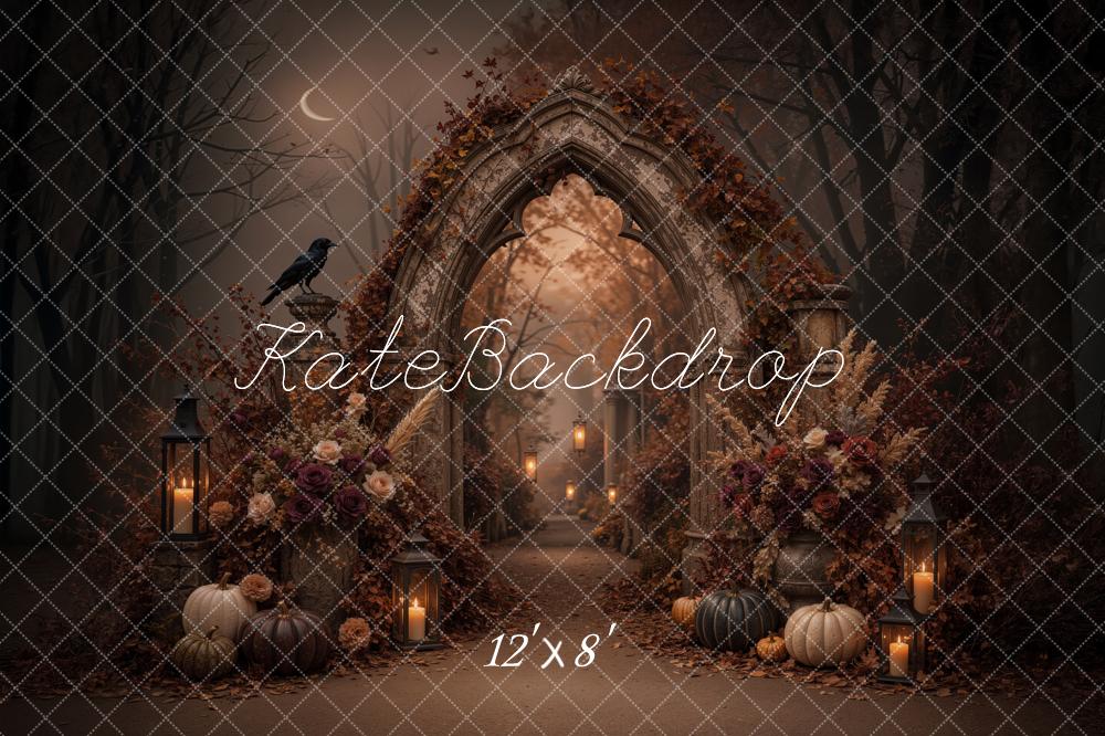 Kate Halloween Gothic Arch Pumpkins Flowers Candles Printed Backdrop Designed by Jordan Moon