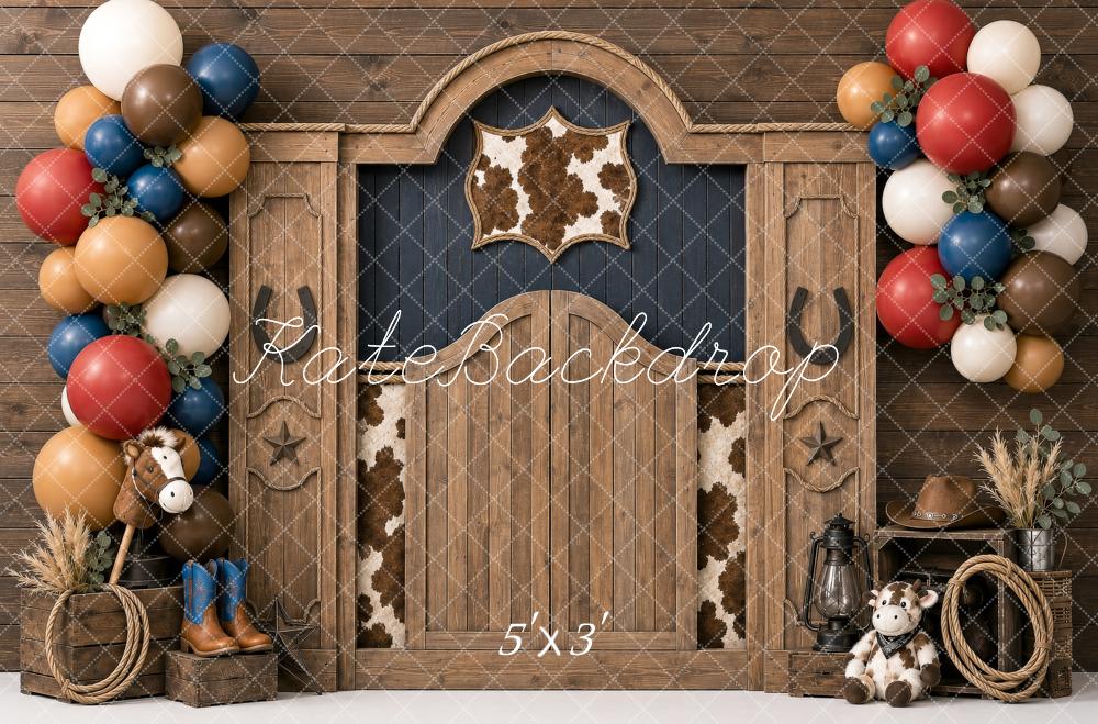 Kate Birthday Western Cowboy Barn Door Balloon Garland Cowhide Printed Backdrop Designed by Shutter Swan Studios
