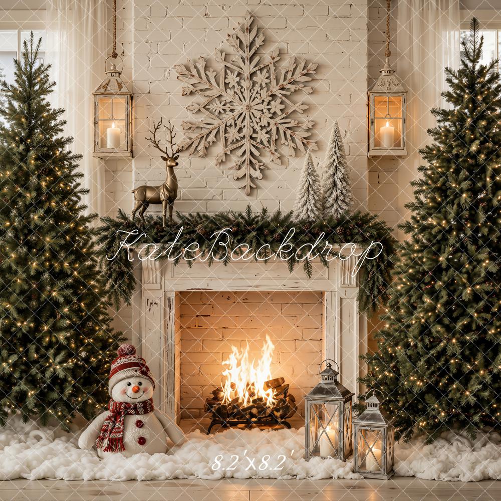 Kate Christmas Trees Snowflake Fireplace Snowman Printed Backdrop Designed by Emetselch