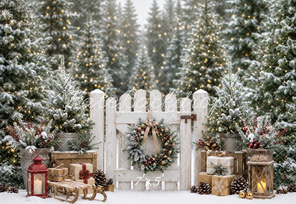 Kate Christmas Snowy Forest Gate Fence Lantern Gift Boxes Printed Backdrop Designed by Emetselch