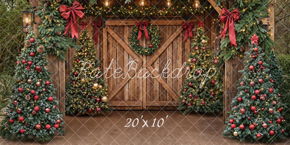 Kate Christmas Barn Door Garland Trees Bows Backdrop Designed by Emetselch