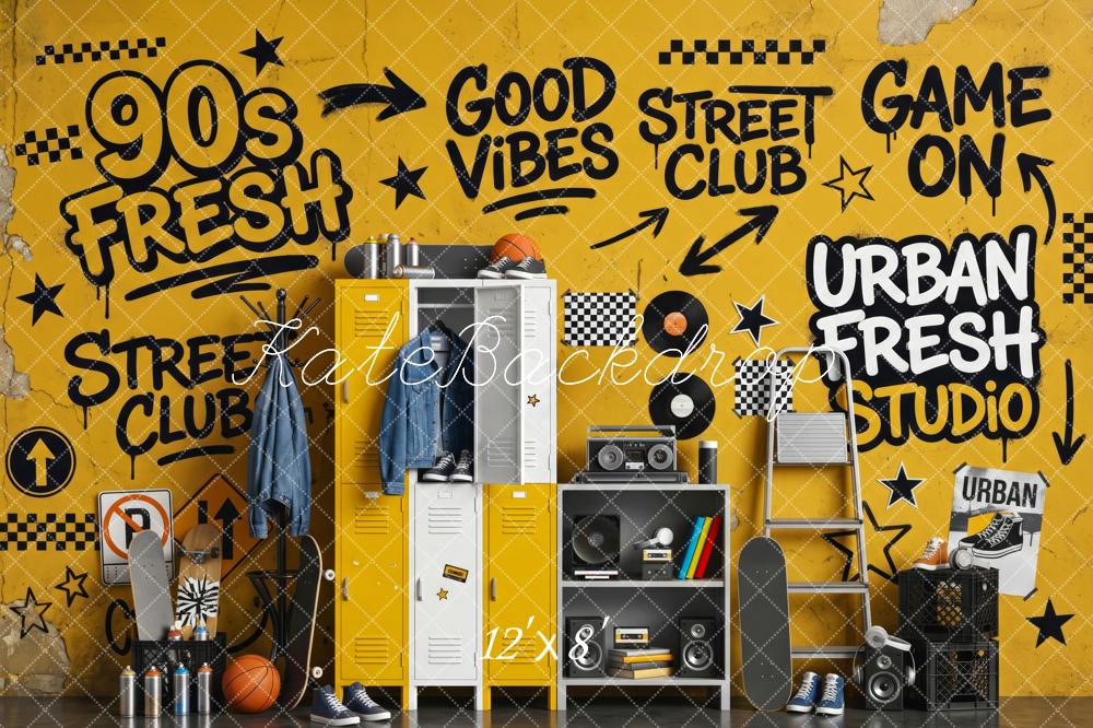 Kate School 90s Yellow Graffiti Locker Street Club Printed Backdrop Designed by Patty Roberts