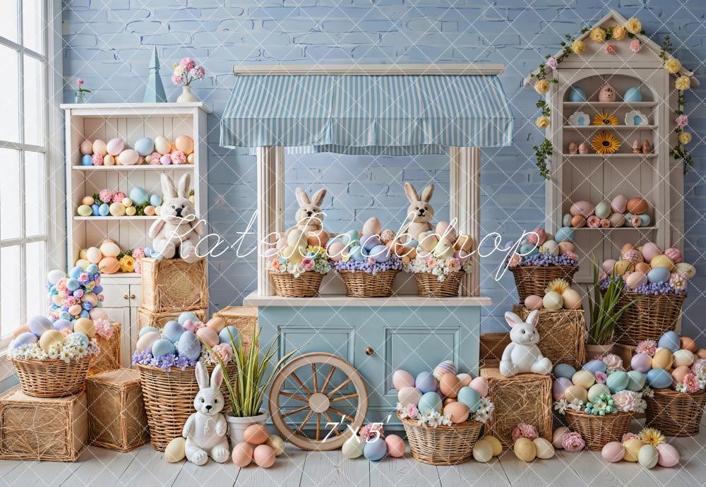 TEST Kate Easter Bunny Pastel Eggs Blue Market Stand Backdrop Designed by Emetselch