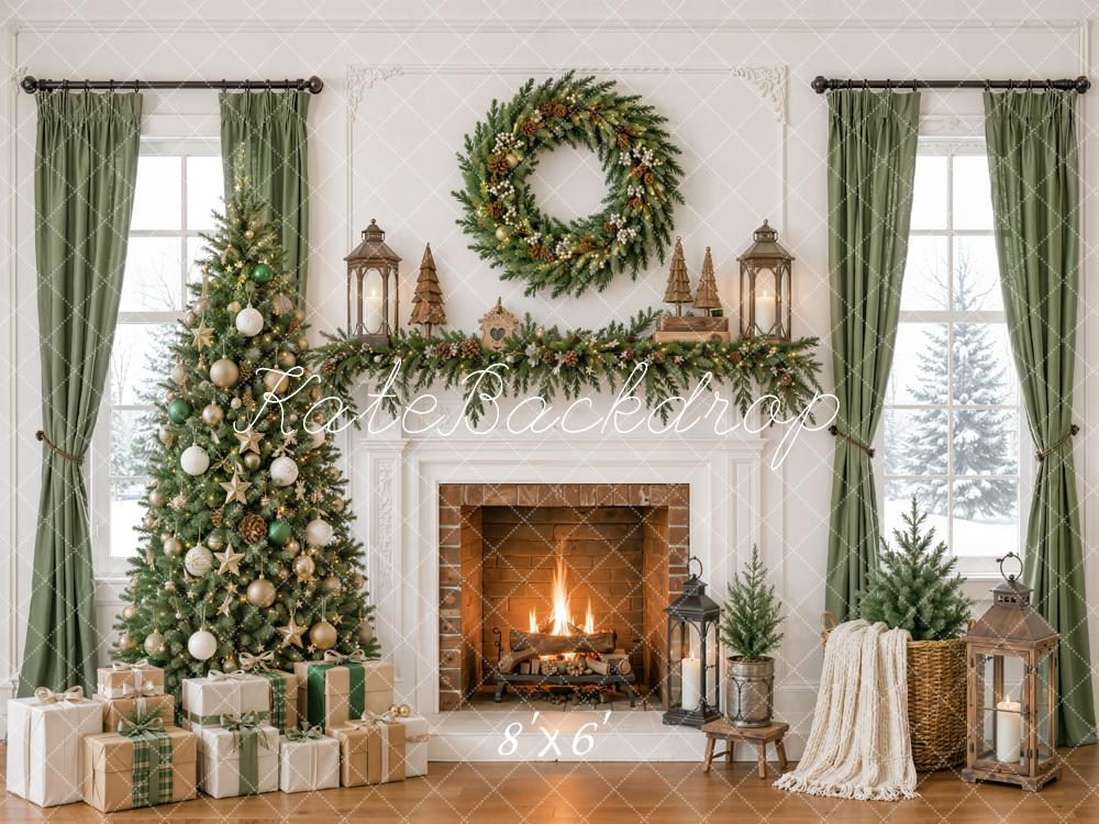 Kate Christmas Fireplace Tree Wreath Garland Lanterns Winter Window Printed Backdrop Designed by Emetselch