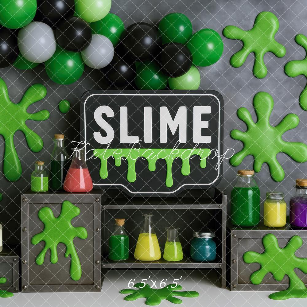 Kate Cake Smash Slime Lab Green Balloons Backdrop Designed by Mini MakeBelieve