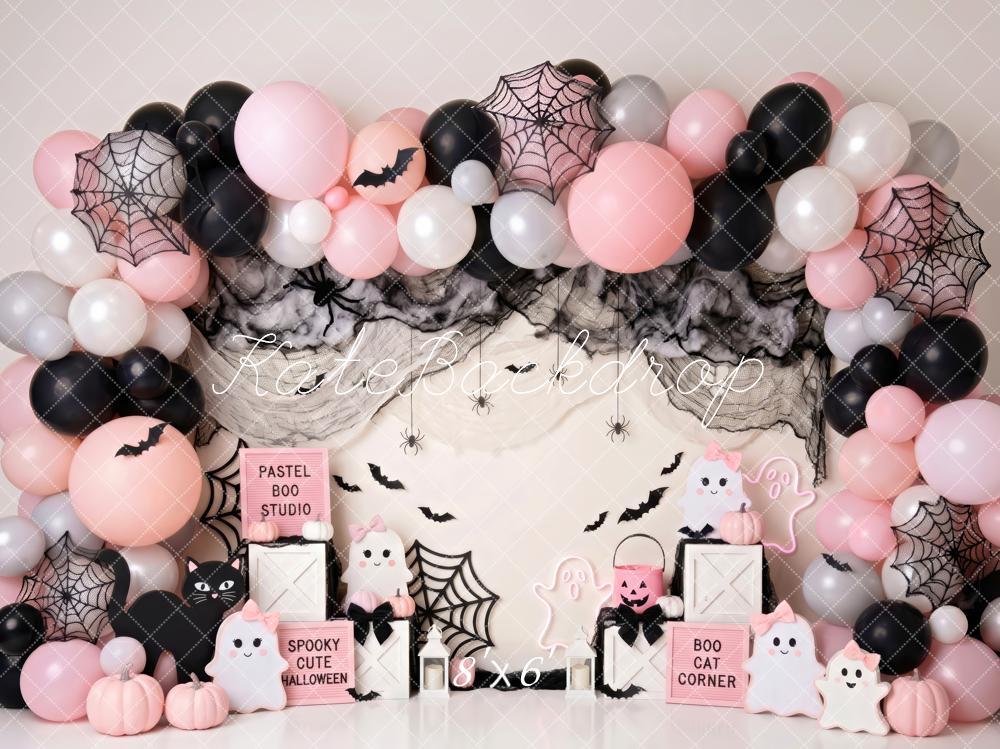 Kate Halloween Cake Smash Pink Balloon Arch Spider Web Bats Printed Backdrop Designed by Patty Roberts