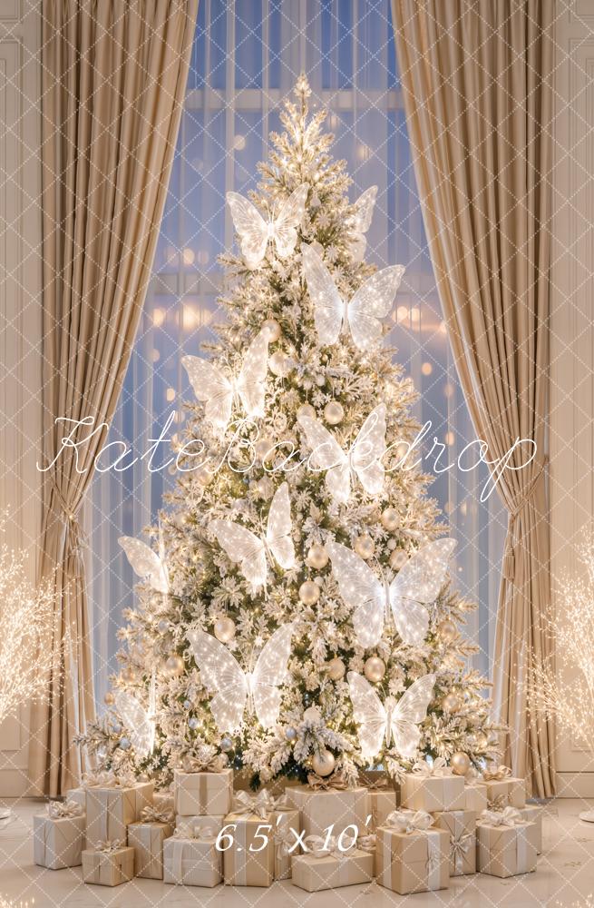 Kate Christmas Fairy Butterfly Sparkling Lights Christmas Tree Window Printed Backdrop Designed by Emetselch