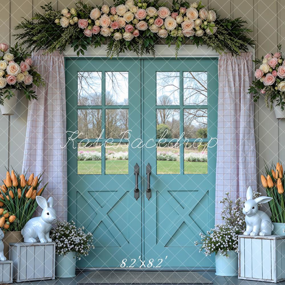 Kate Easter Bunny Blue Door Flower Arrangement Printed Backdrop Designed by Mini MakeBelieve