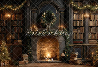 Kate Christmas Fireplace Bookshelves Garland Dark Printed Backdrop Designed by Emetselch