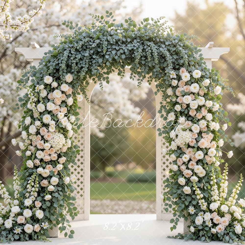 Kate Flower Arch White Roses Greenery Backdrop Designed by Mini MakeBelieve