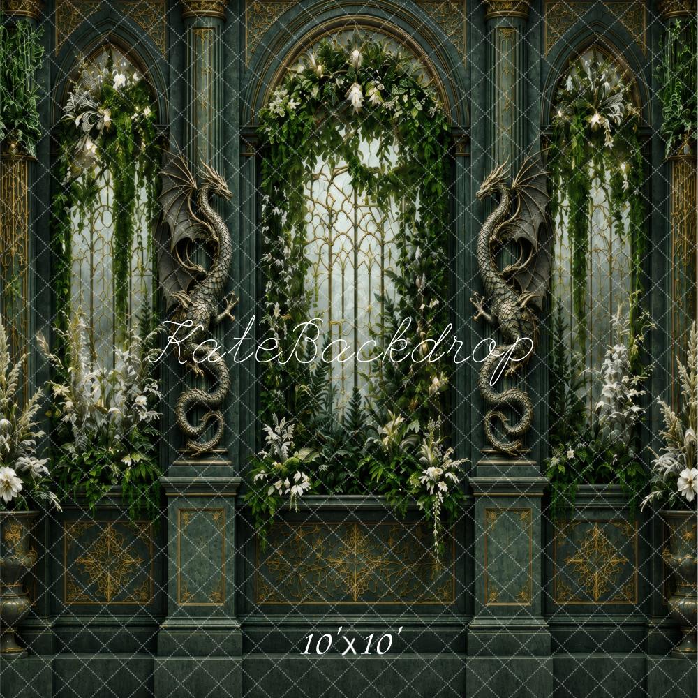 Kate Fantasy Dragon Gothic Arch Window Garden Printed Backdrop Designed by Vertigo Productions