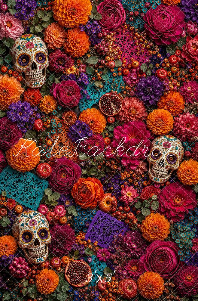 Kate Day of the Dead Sugar Skull Floral Marigold Printed Backdrop Designed by Ashley Ward