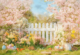 Kate Easter Spring Bunny Pink Blossoms White Fence Flowers Printed Backdrop Designed by Emetselch