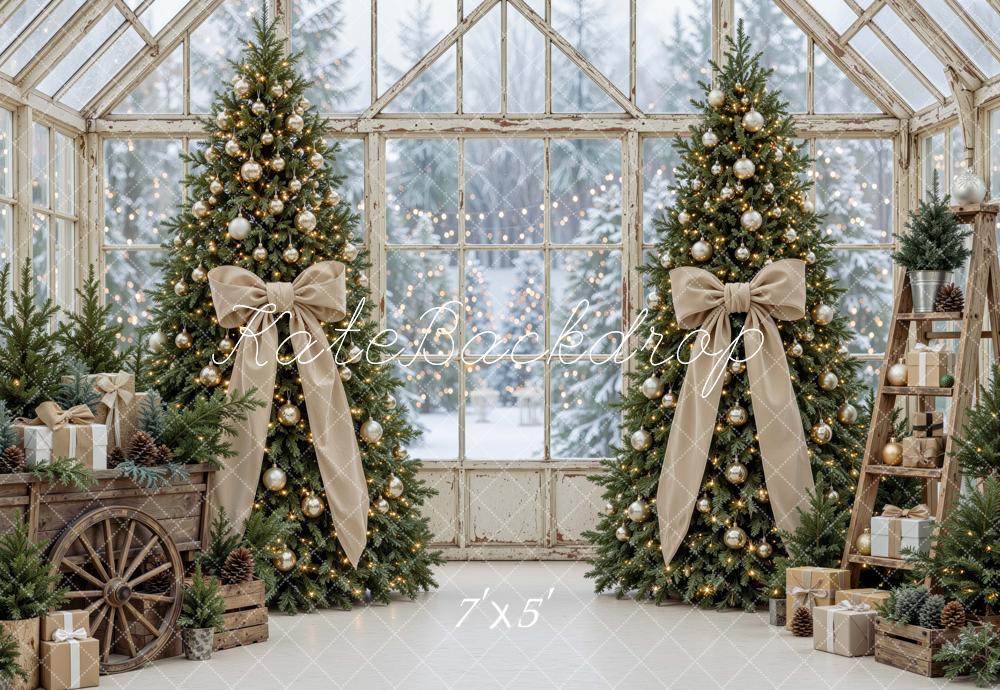 Kate Christmas Greenhouse Trees Bows Gifts Beige Printed Backdrop Designed by Mini MakeBelieve