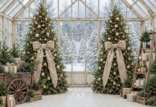 Kate Christmas Greenhouse Trees Bows Gifts Beige Printed Backdrop Designed by Mini MakeBelieve