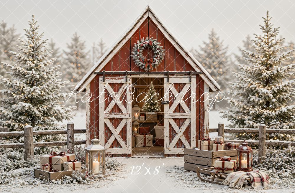 Kate Christmas Snowy Red Barn Wreath Pine Trees Wood Printed Backdrop Designed by Emetselch