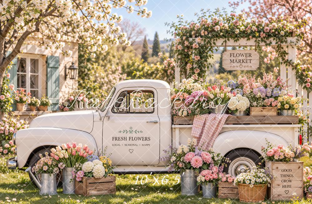 Kate Spring White Truck Flower Market Garden Printed Backdrop Designed by Emetselch
