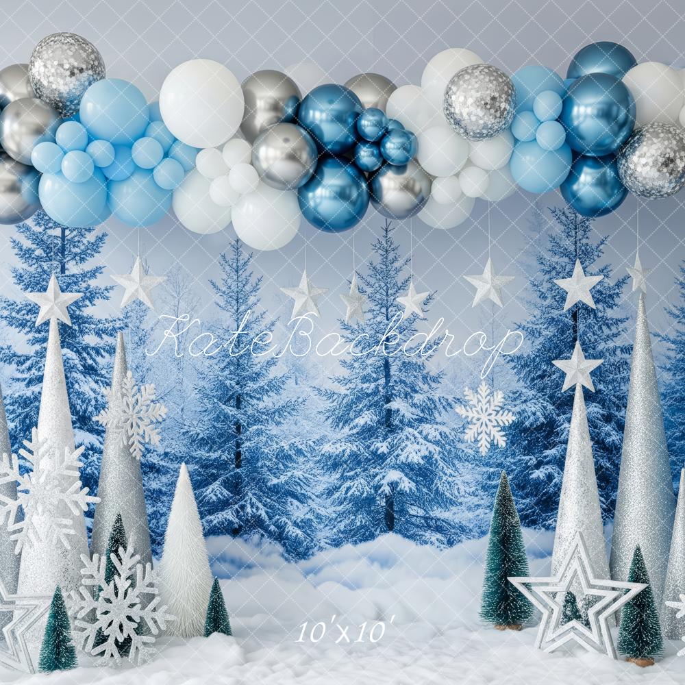 Kate Winter Blue Balloon Arch Snowflake Trees Backdrop Designed by Patty Roberts