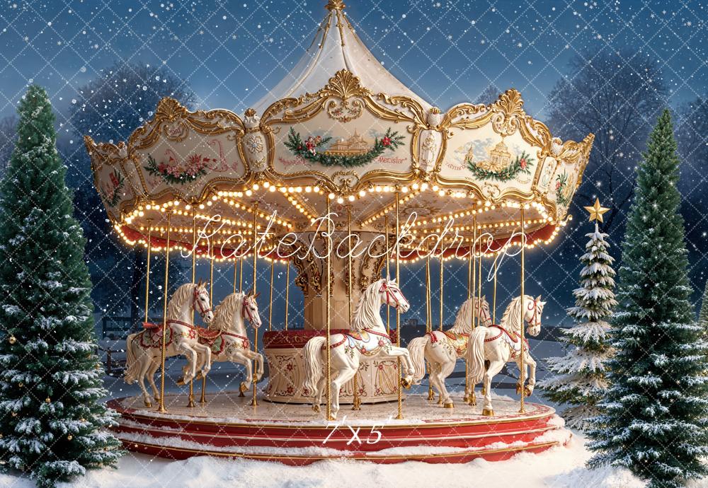 Kate Christmas Carousel Snowy Pine Trees Night Printed Backdrop Design