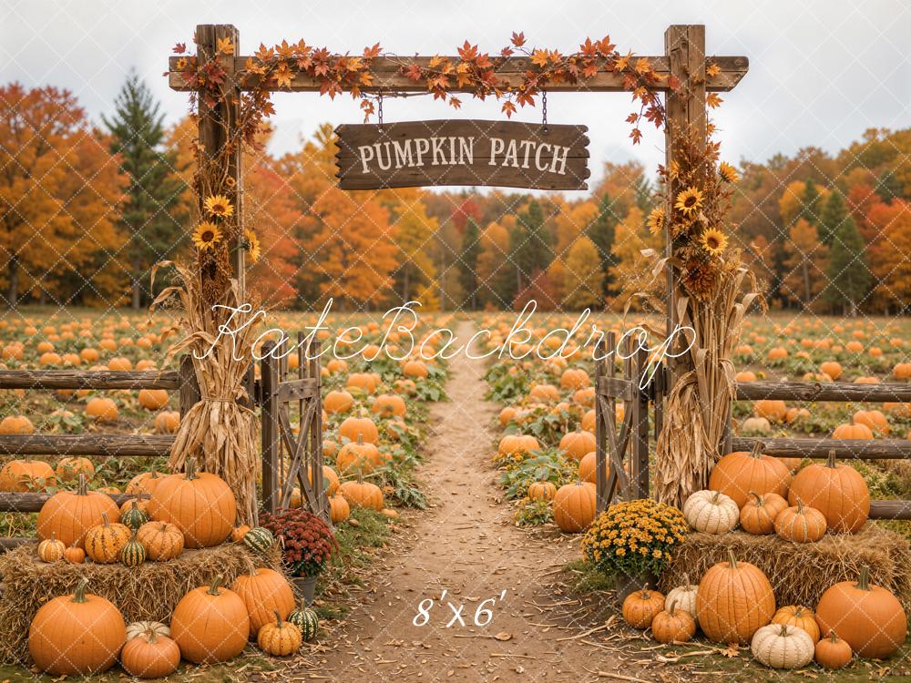 Kate Fall Pumpkin Patch Sunflowers Hay Bales Printed Backdrop Designed by Emetselch