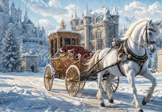 Kate Winter Snowy Castle Horse Carriage Printed Backdrop Designed by Emetselch