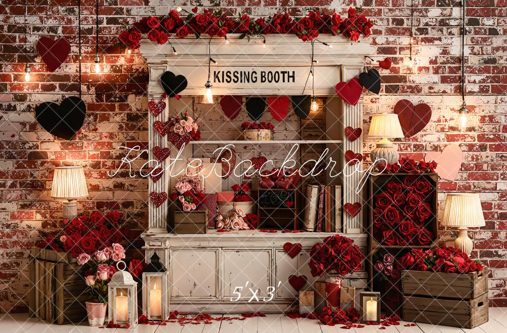 Kate Valentine's Day Kissing Booth Red Roses Brick Wall Backdrop Designed by Emetselch