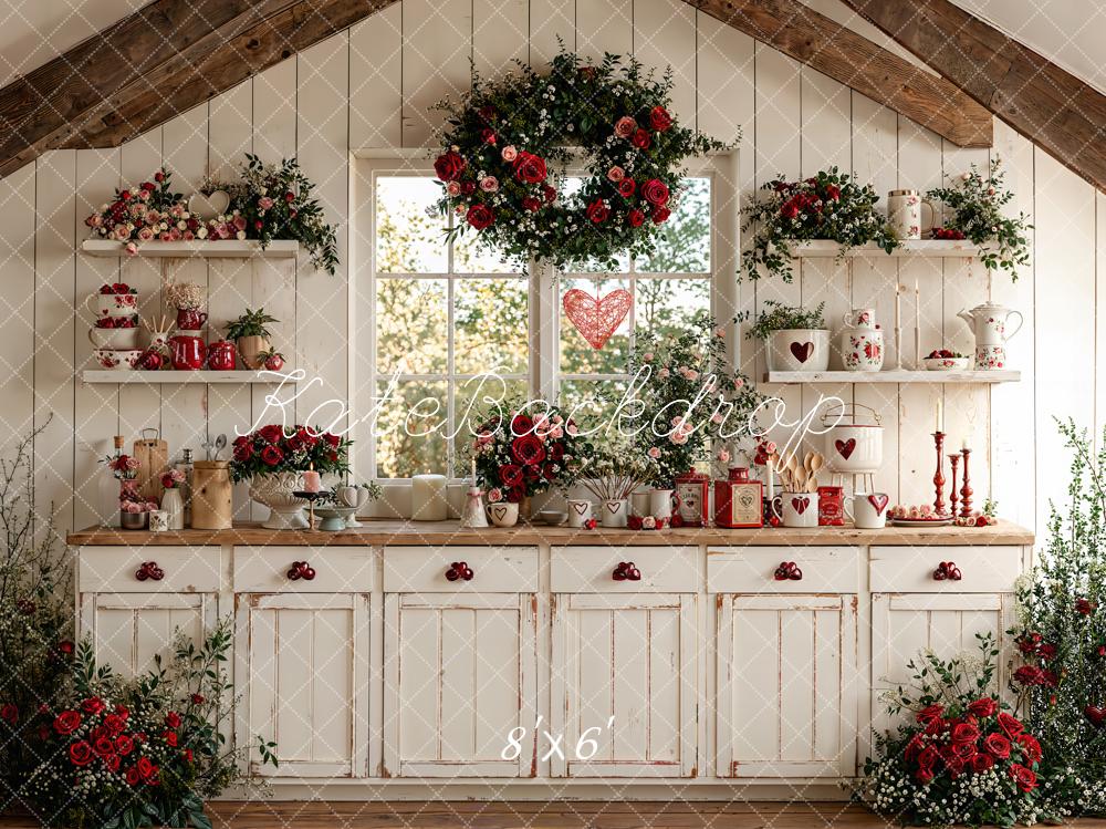 Kate Valentine's Day Rustic White Kitchen Red Roses Window Backdrop Designed by Emetselch