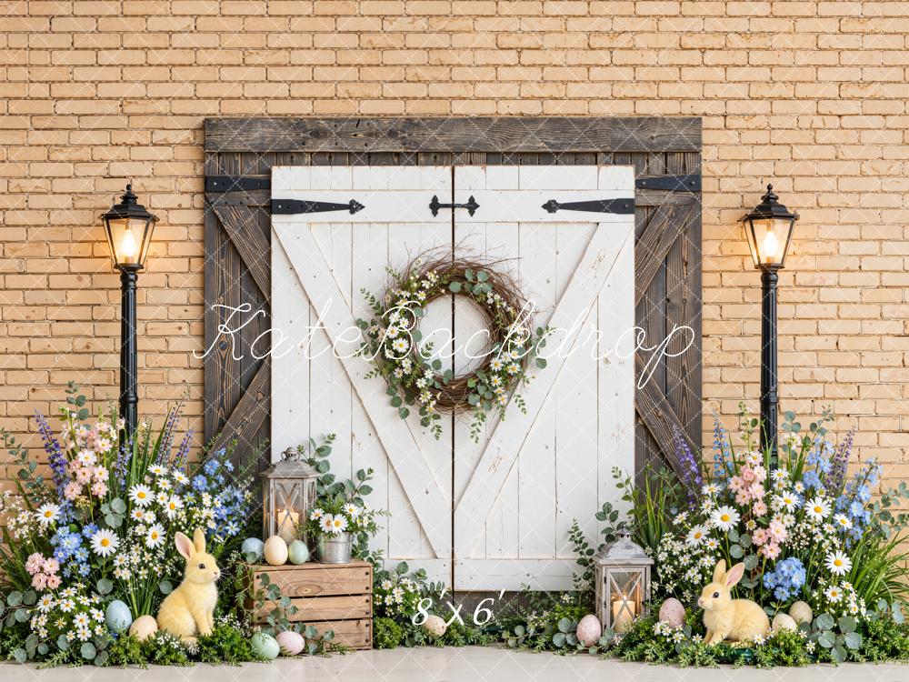 Kate Easter White Barn Door Flower Wreath Bunny Printed Backdrop Designed by Emetselch