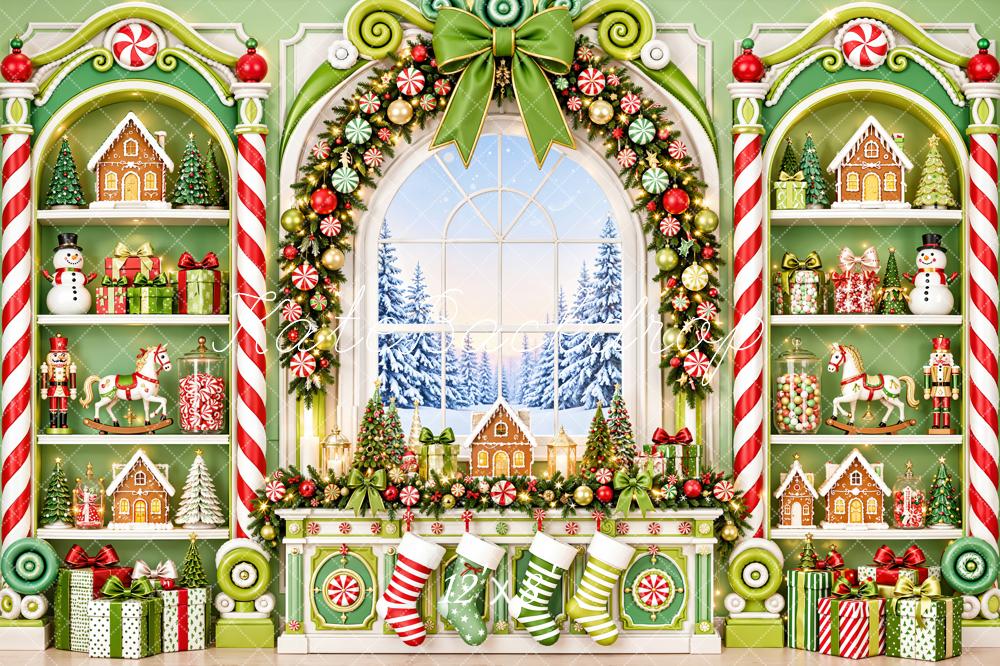 Kate Christmas Fantasy Toys Room Green Gingerbread Candy Cane Window Printed Backdrop Designed by Emetselch