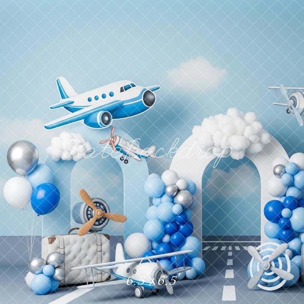 Kate Cake Smash Airplane Balloon Clouds Runway Luggage Backdrop Designed by Patty Roberts