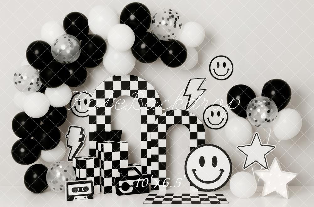Kate Cake Smash Black White Checkered Arch Balloons Smiley Face Backdrop Designed by Patty Roberts