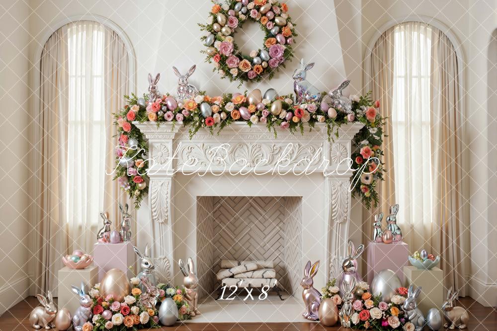Kate Easter Bunny Pastel Eggs Floral Fireplace Backdrop Designed by Mini MakeBelieve