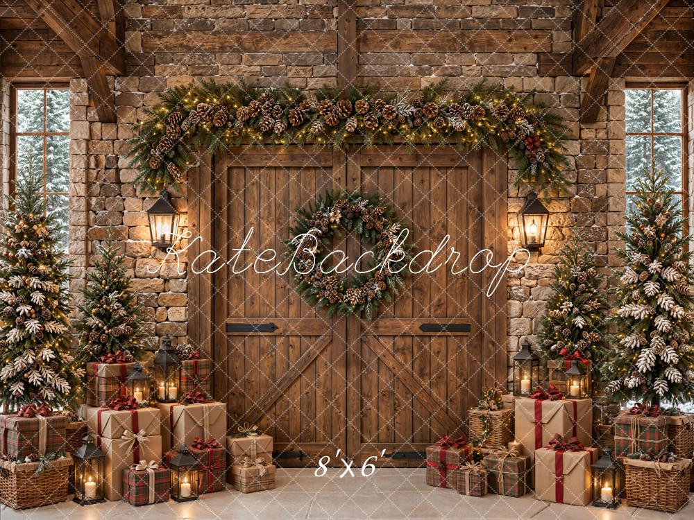 Kate Christmas Rustic Wood Barn Door Pine Trees Gifts Printed Backdrop Designed by Emetselch