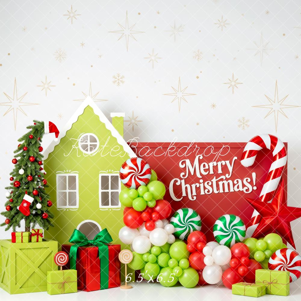 Kate Christmas Whimstical Candy House Green Red Balloons Tree Presents Printed Backdrop Designed by Patty Roberts