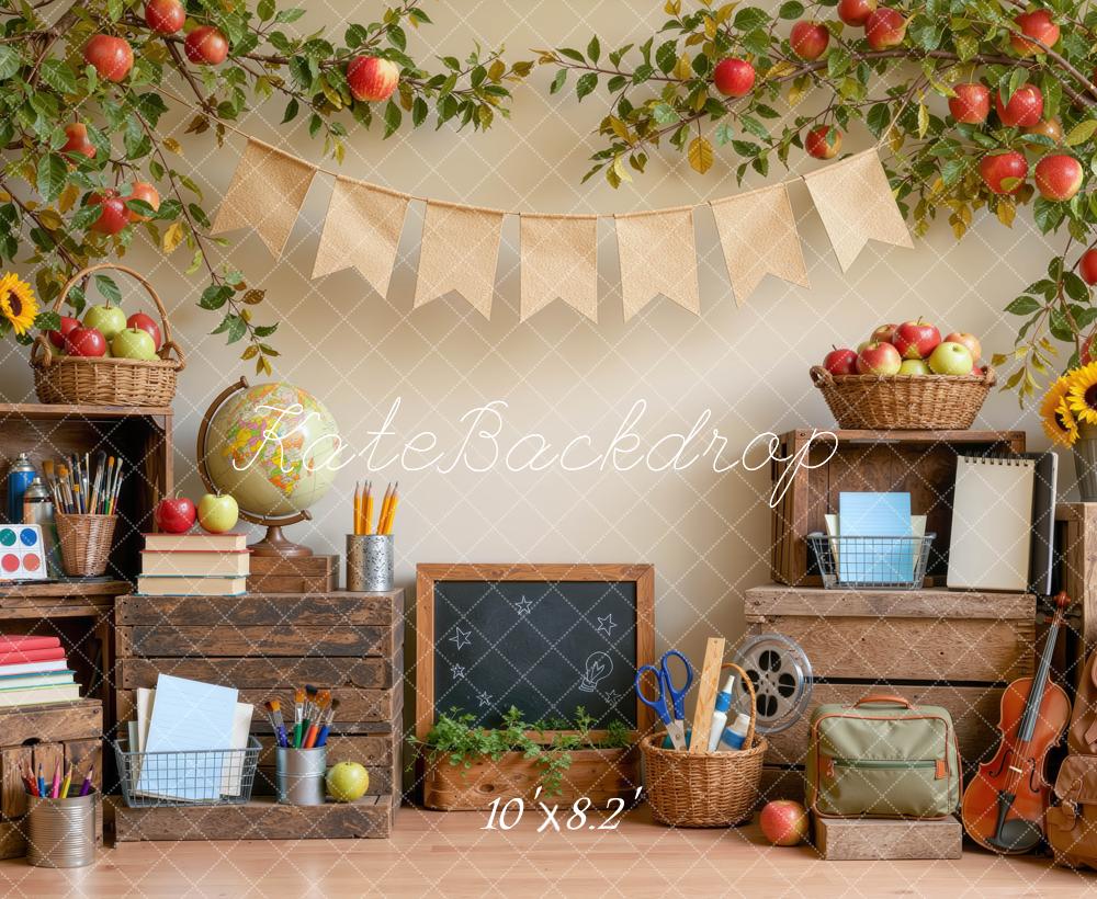 Kate Back To School Apple Classroom Chalkboard Sunflowers Printed Backdrop Designed by Mini MakeBelieve