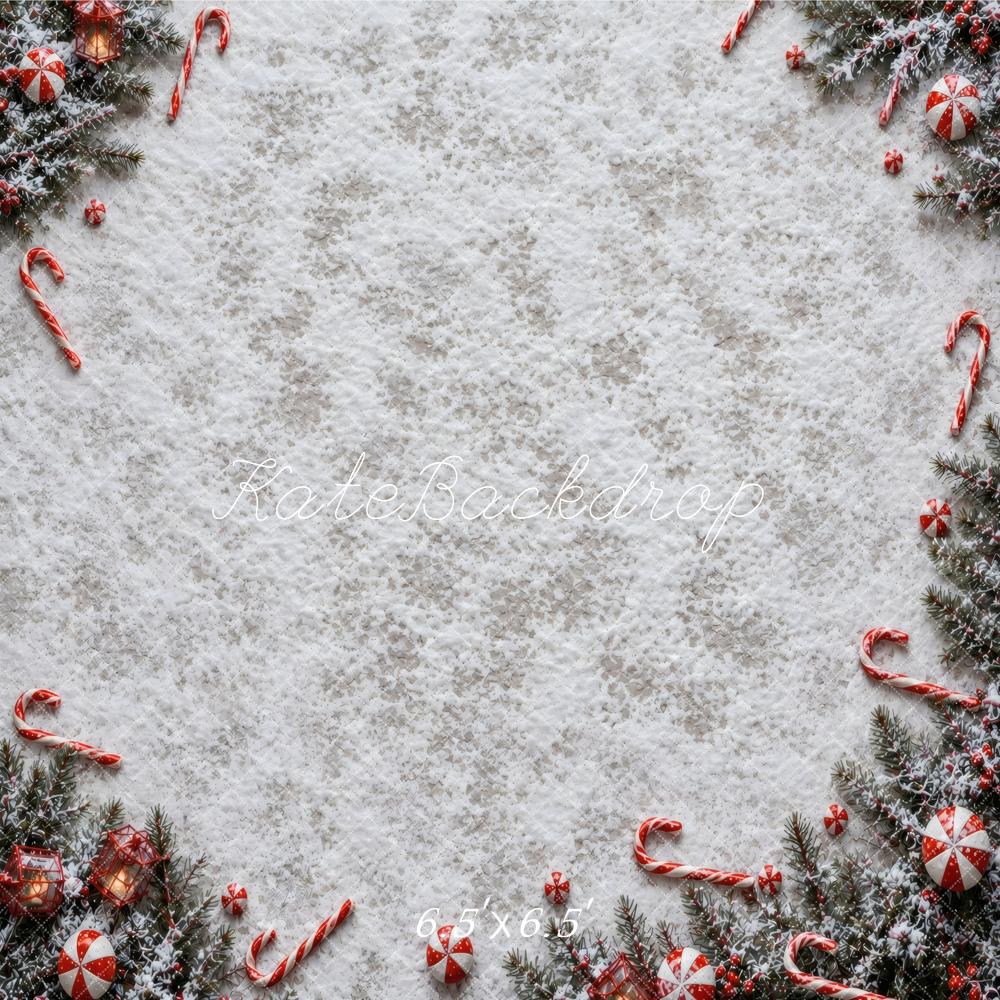 Kate Christmas White Snow Candy Cane Evergreen Floor Printed Backdrop Designed by Vertigo Productions