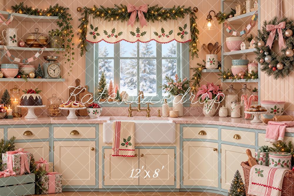 Kate Christmas Kitchen Pink White Garland Baking Printed Backdrop Designed by Shutter Swan Studios