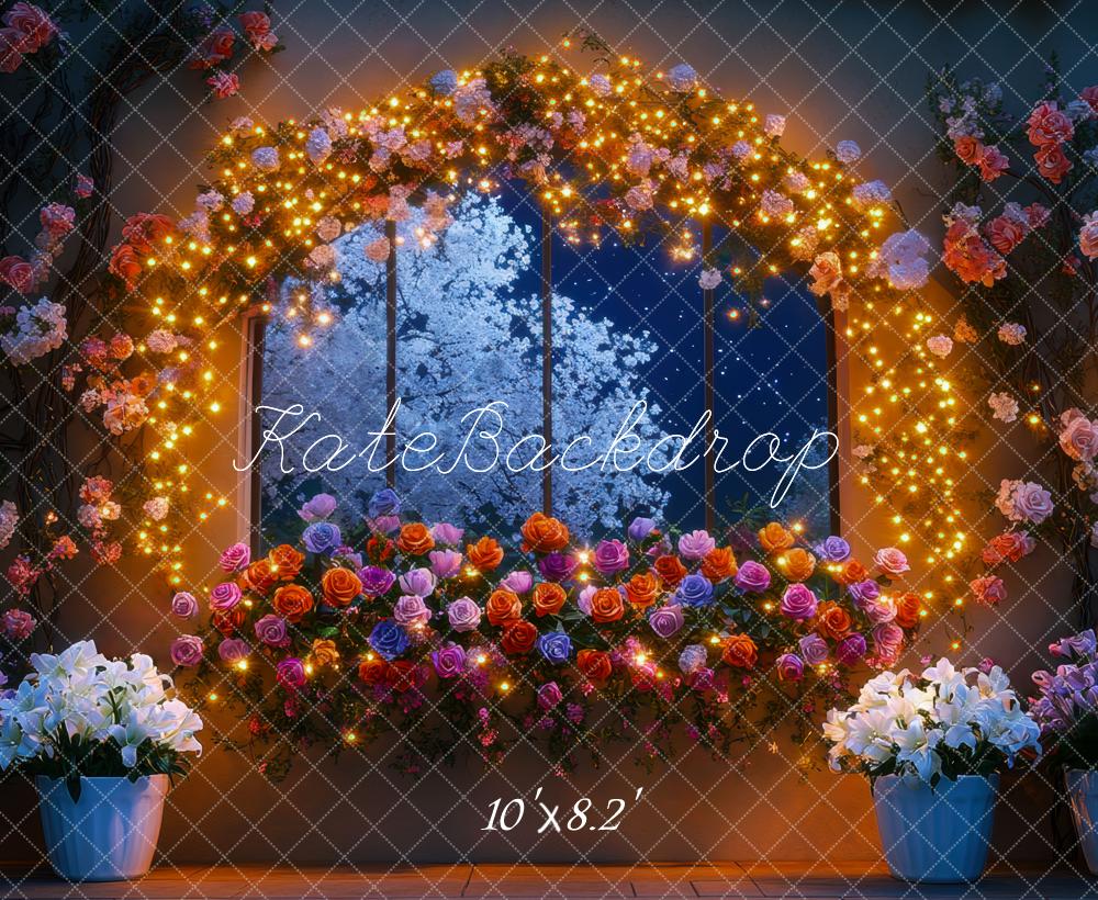 Kate Dreamy Flower Arch Window Glowing Night Backdrop Designed by Mini MakeBelieve