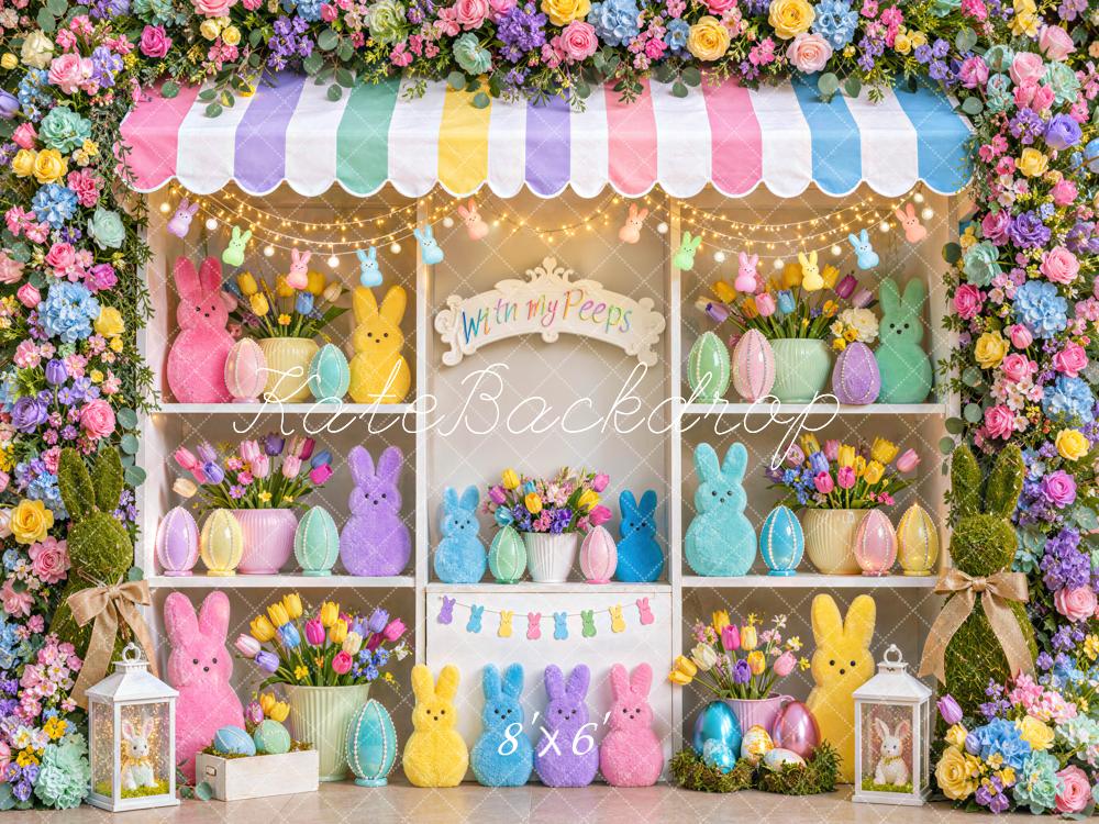 Kate Easter Flower Pastel Bunny Shop Eggs Colorful Printed Backdrop Designed by Mini MakeBelieve