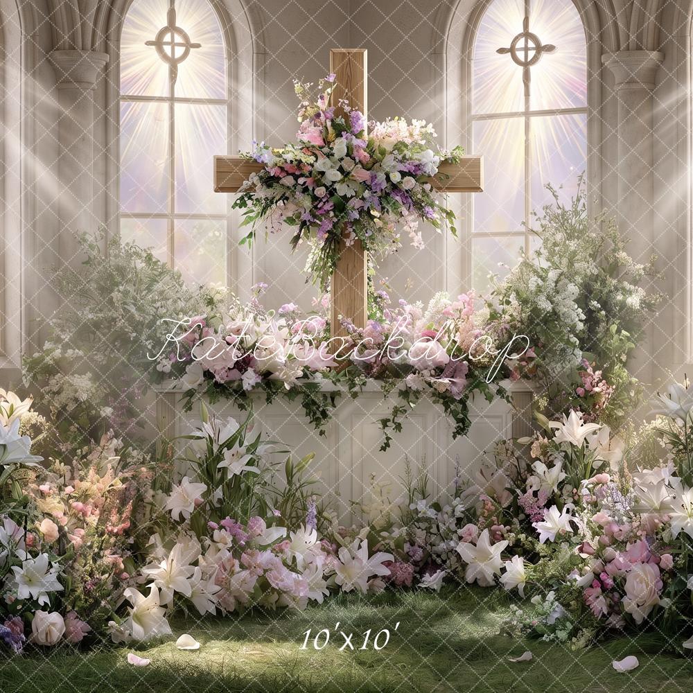 Kate Church Stage Cross Wedding Floral Window Printed Backdrop Designed by Angela Miller