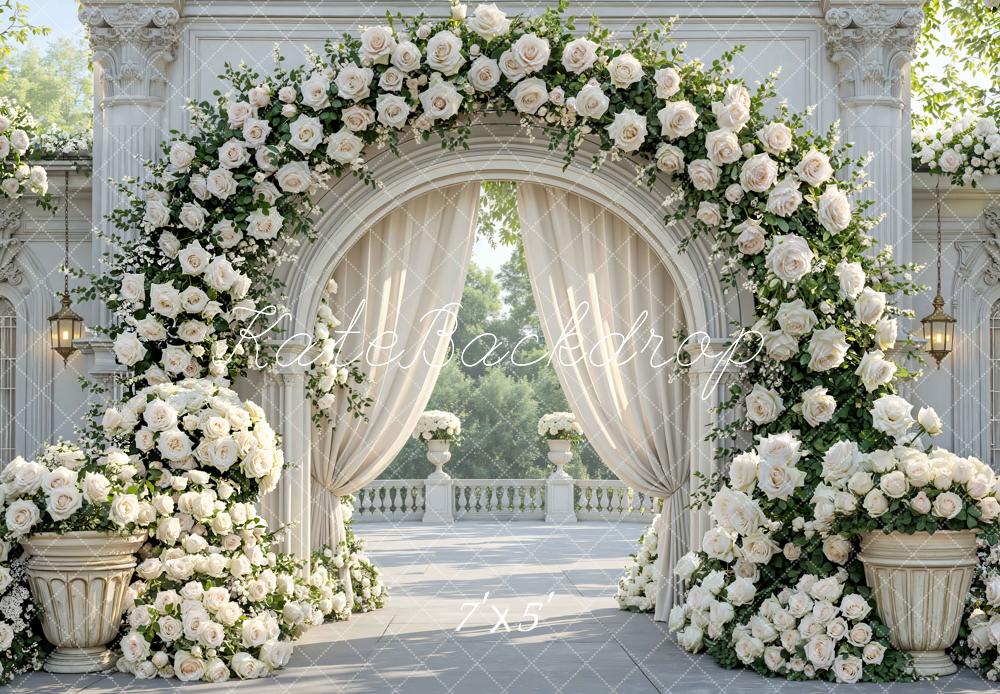 Kate Spring Flower Arch White Roses Columns Elegant Garden Backdrop Designed by Mini MakeBelieve