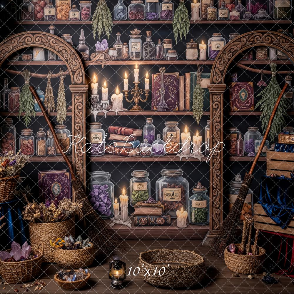 Kate Fantasy Potion Library Shelves Candles Baskets Brooms Backdrop Designed by Patty Roberts