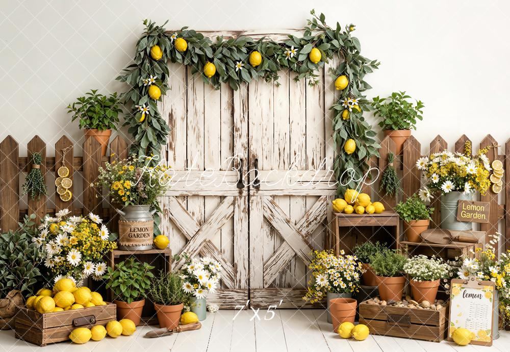 Kate Summer Lemon Garden Flowers Rustic Fence Barn Door Printed Backdrop Designed by Emetselch